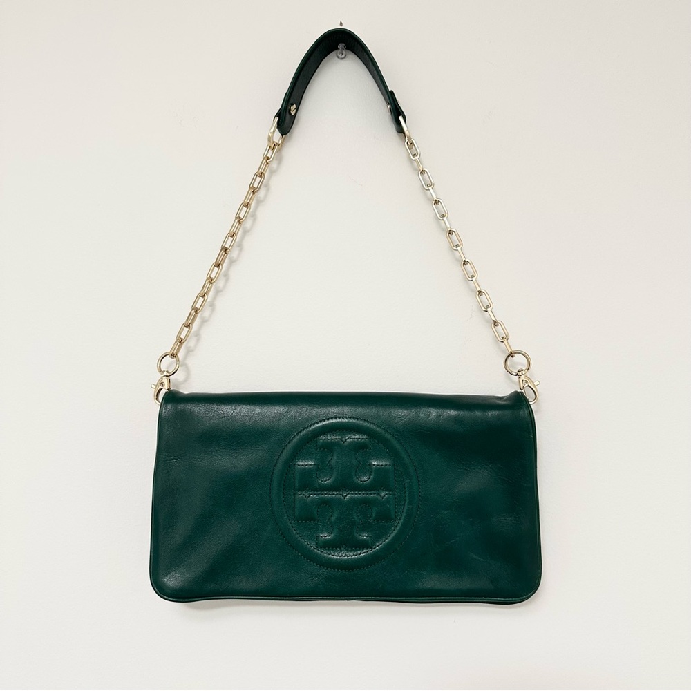 TORY BURCH MALACHITE Green LEATHER BOMBE REVA CLUTCH/ SHOULDER BAG
